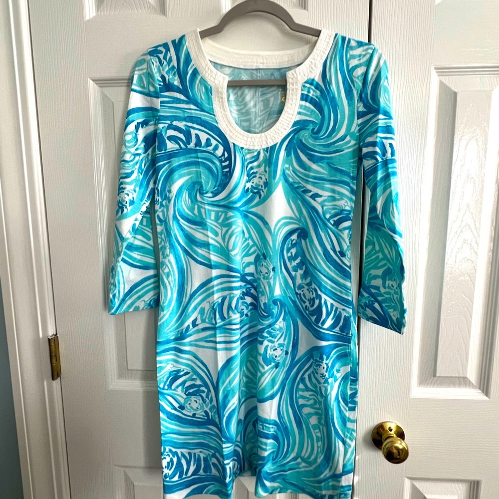 Lilly Pulitzer Small Blue White Marlina Dress Sea Ruffles Scoop Pima Cotton